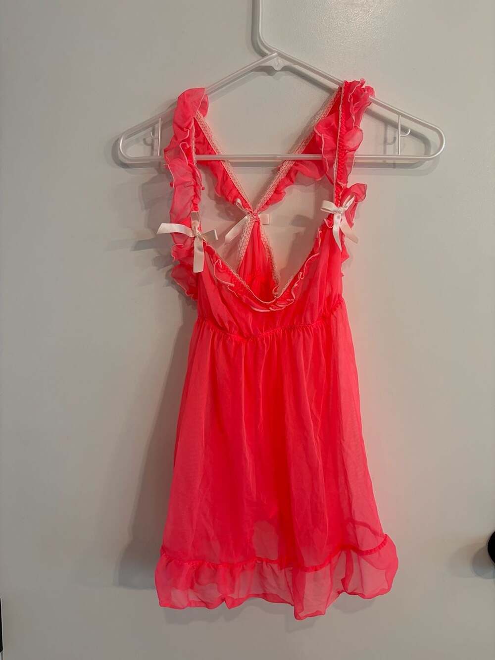 Victoria's Secret Neon Pink Ruffled Babydoll Slip Top with Bows